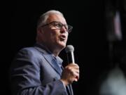 Washington Gov. Jay Inslee speaks at the Iowa Democratic Wing Ding at the Surf Ballroom, Friday, Aug. 9, 2019, in Clear Lake, Iowa.