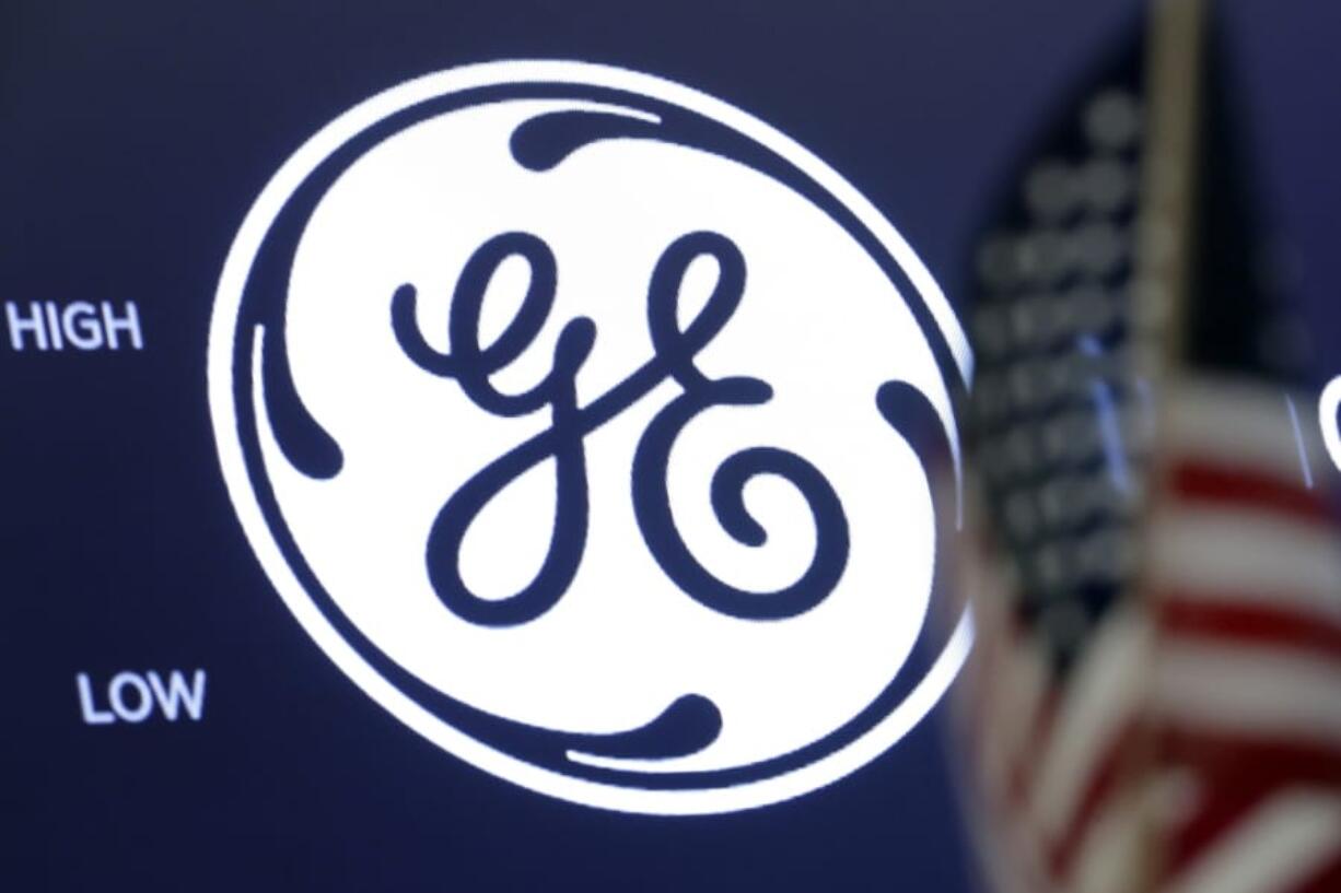 FILE - In this June 26, 2018, file photo the General Electric logo appears above a trading post on the floor of the New York Stock Exchange. General Electric’s stock is tanking after a report which claims the company has been misleading investors. Investigator Harry Markopolos accused GE Thursday, Aug. 15, of engaging in accounting fraud worth $38 billion. He said GE is heading for bankruptcy and is hiding $29 billion in long-term care losses.