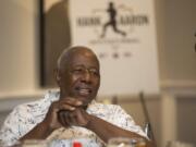 Hank Aaron answers questions from the crowd during the Hank Aaron Invitational at SunTrust Park in Atlanta, Aug. 2, 2019.