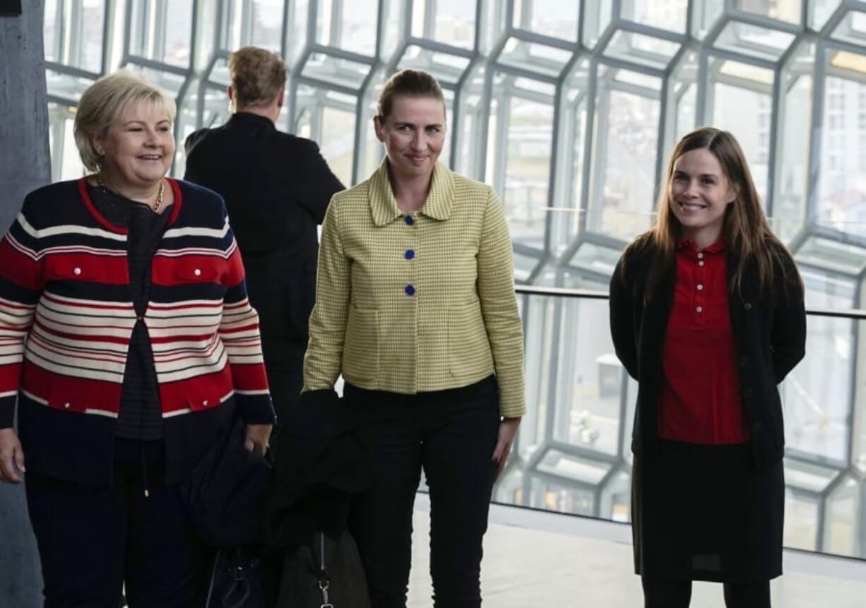 From left, Norway’s Prime Minister Erna Solberg, Denmark’s Prime Minister Mette Frederiksen and Prime Minister of Iceland Katrin Jakobsdottir arrive at Harpa Concert Hall in Reykjavik, Tuesday Aug. 20, 2019, ahead of the Nordic Prime Ministers meeting.