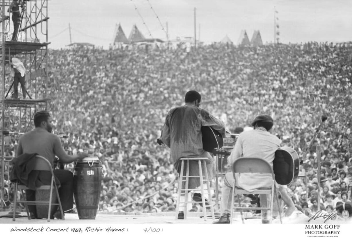 This August, 1969 photo shows Richie Havens as he performs during Woodstock in Bethel, N.Y. The photo is only one of hundreds made by photographer Mark Goff who, at the time, worked for an underground newspaper in Milwaukee, Wis. Some were published, but the negatives were filed away at his Milwaukee home and barely mentioned as Goff raised two daughters, changed careers and, last November, died of cancer. Dozens of Goff’s Woodstock shots are being displayed 50 years later.