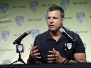 Oregon head coach Mario Cristobal answering questions during the Pac-12 Conference NCAA college football.