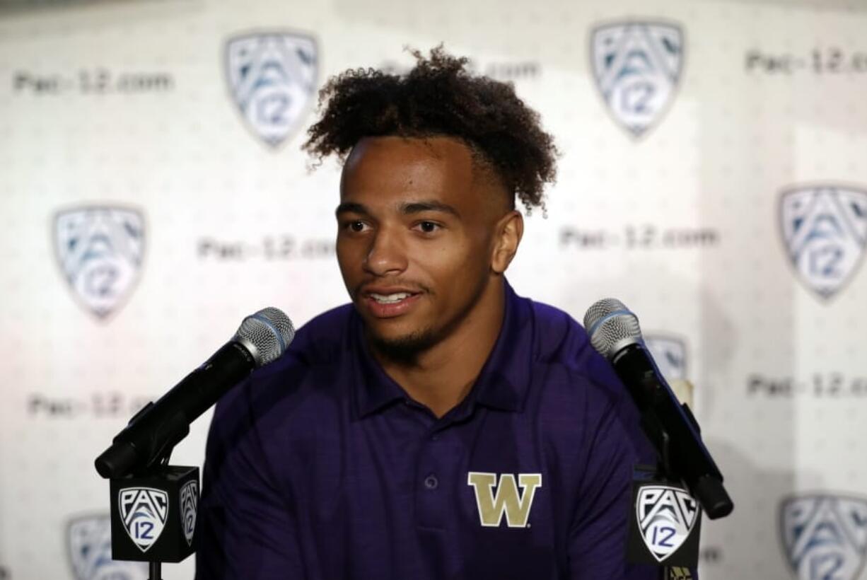 Washington defensive back Myles Bryant answers questions during the Pac-12 Conference NCAA college football Media Day Wednesday, July 24, 2019, in Los Angeles.