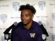 Washington defensive back Myles Bryant answers questions during the Pac-12 Conference NCAA college football Media Day Wednesday, July 24, 2019, in Los Angeles.