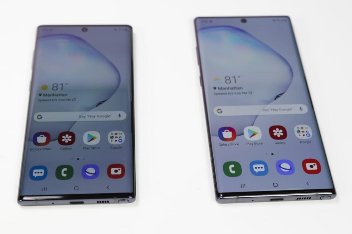 The Samsung Galaxy Note 10, left, and the Galaxy Note 10 Plus.