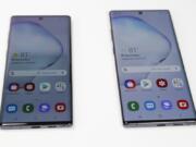 The Samsung Galaxy Note 10, left, and the Galaxy Note 10 Plus.