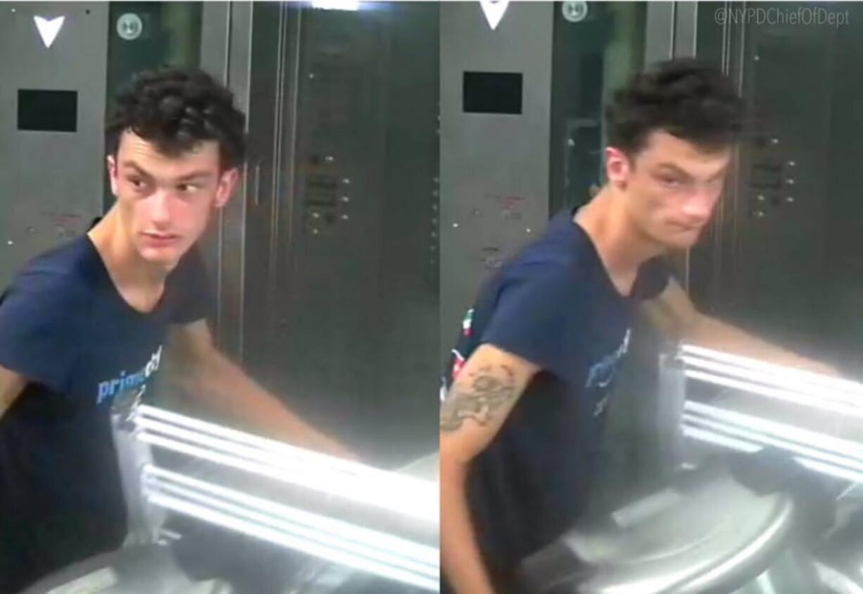 NYPD This photo released by NYPD shows a person of interest wanted for questioning in regard to the suspicious items placed inside the Fulton Street subway station in Lower Manhattan on Friday, Aug. 16, 2019 in New York. Chief of Detectives Dermot Shea tweeted Saturday, Aug. 17, that the man seen holding one of the rice cookers in surveillance video was taken into custody. The discovery of the cookers Friday led to an evacuation and roiled the morning commute.