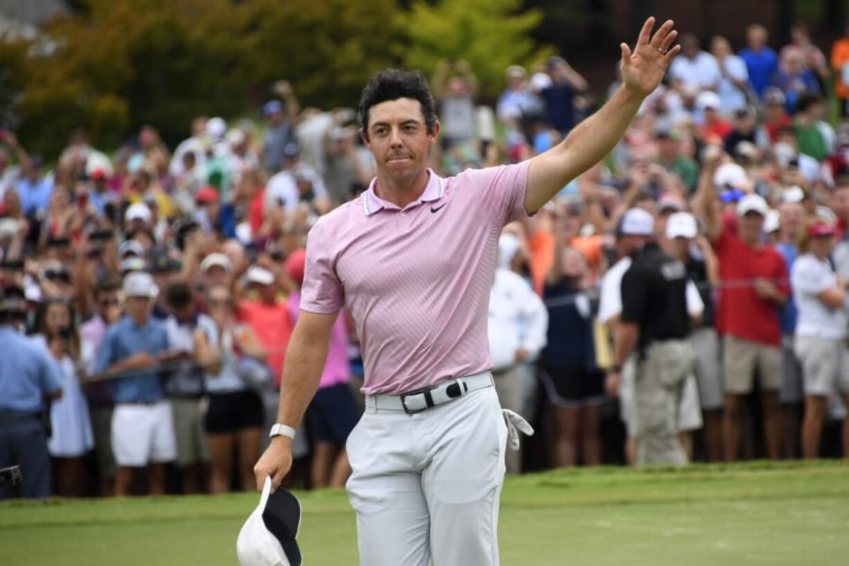 Rory McIlroy waves to the gallery after winning the Tour Championship golf tournament and The FedEx Cup Sunday, Aug. 25, 2019, at East Lake Golf Club in Atlanta.