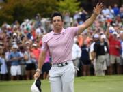 Rory McIlroy waves to the gallery after winning the Tour Championship golf tournament and The FedEx Cup Sunday, Aug. 25, 2019, at East Lake Golf Club in Atlanta.