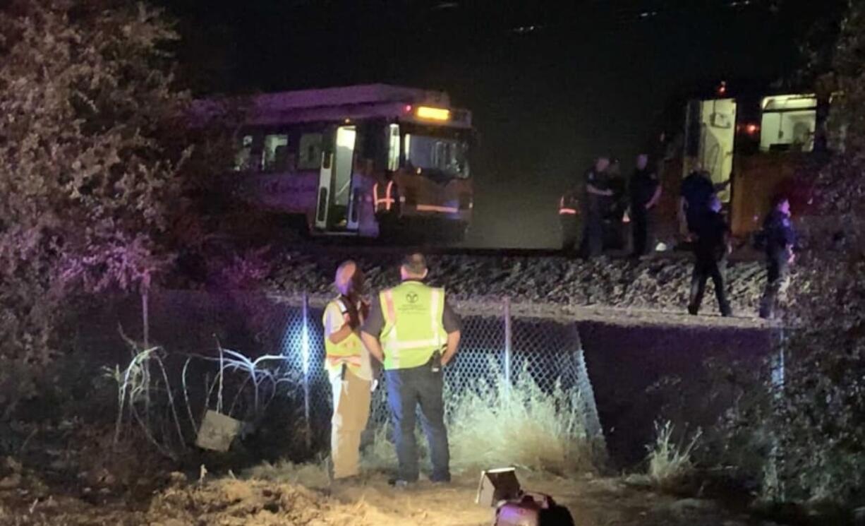 A Sacramento Regional Transit light-rail car is seen stopped in Sacramento, Calif., on Thursday, Aug. 22, 2019. Authorities say more than two dozen people have been injured in a light rail train derailment in Northern California.