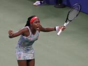 Coco Gauff, of the United States, reacts after defeating Anastasia Potapova, of Russia, during the first round of the US Open tennis tournament Tuesday, Aug. 27, 2019, in New York.