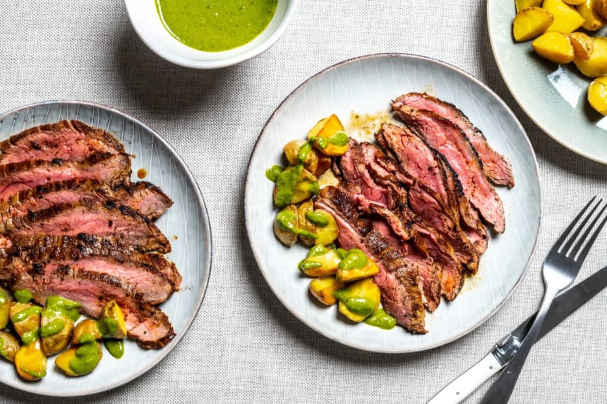 Cumin-Rubbed Flank Steak With Chimichurri Potatoes.