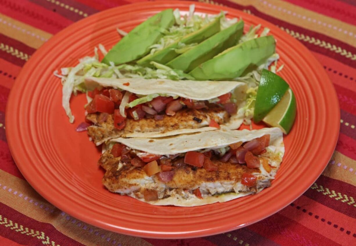 Linda Gassenheimer&#039;s Quick Fix Fish Tacos with Avocado Salad.