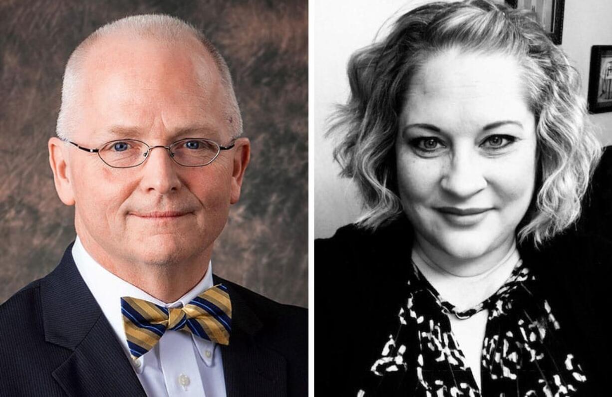 Battle Ground City Councilor Philip Johnson, left, who is seeking re-election to Position 7, filed a complaint in July with the state Public Disclosure Commission against Position 3 candidate Shauna Walters, right.