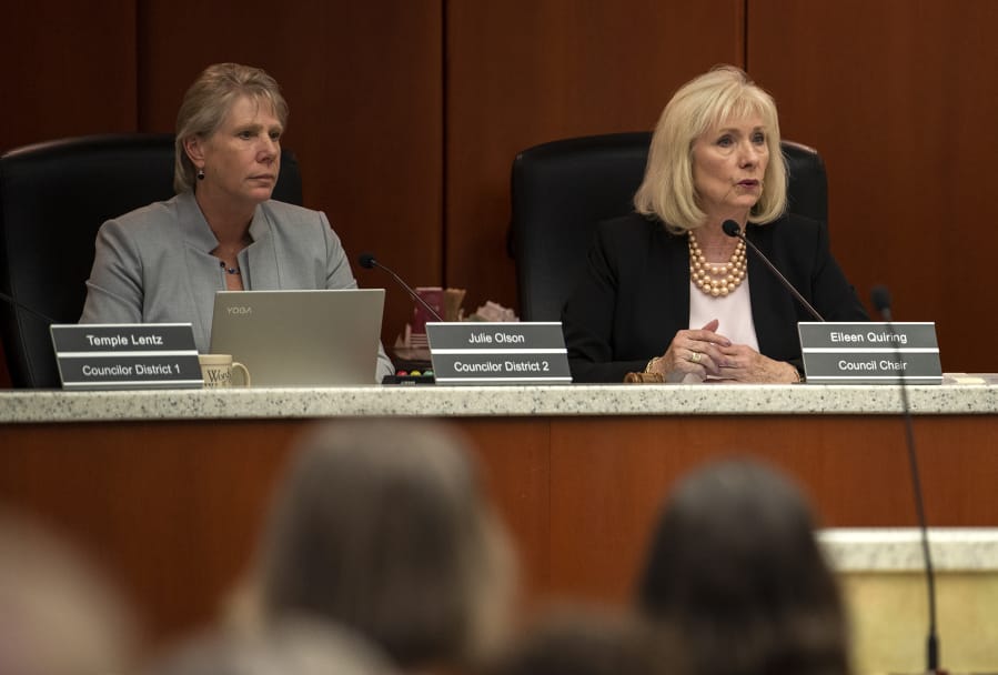 Clark County Councilor Julie Olson and Council Chair Eileen Quiring O'Brien during a county council meeting in late 2019.