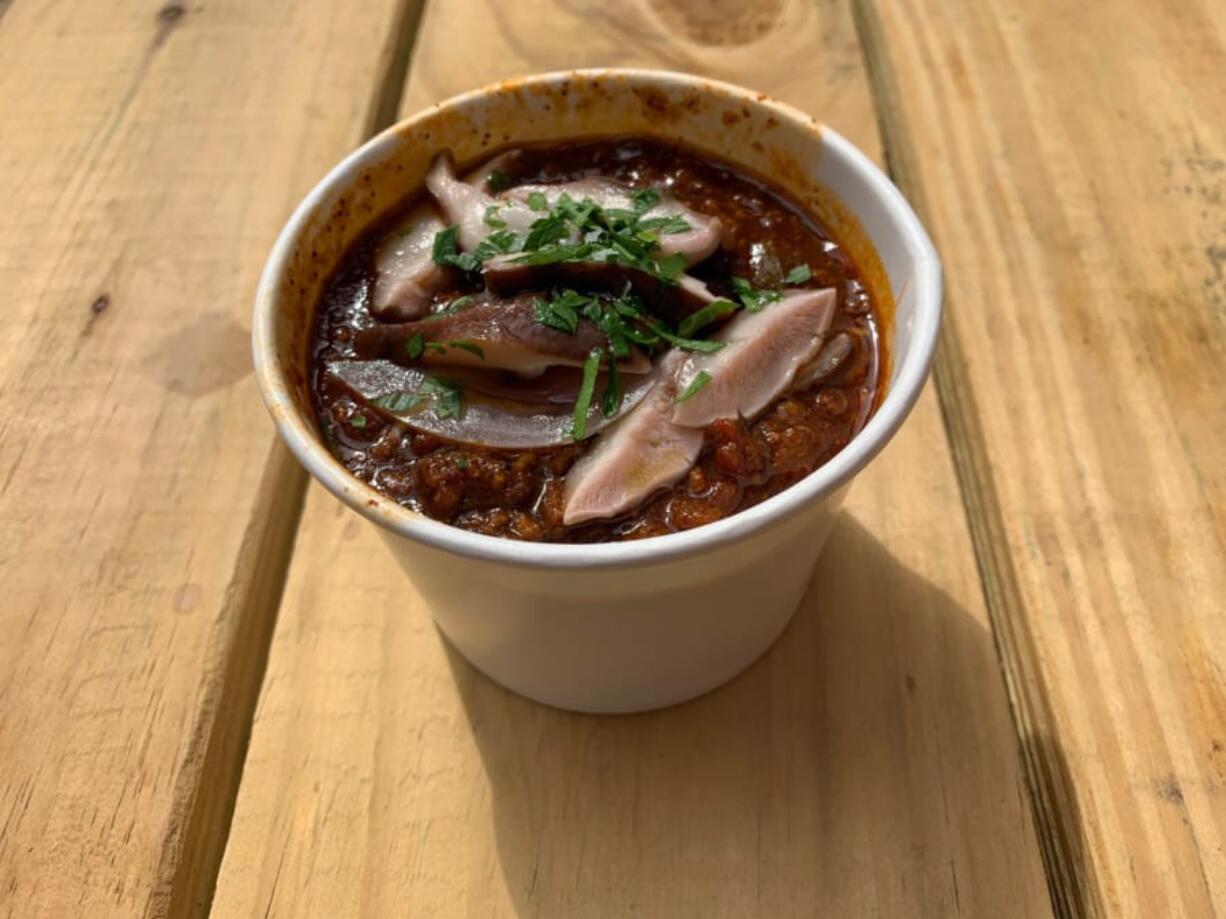 Red-Eyed Boar Chili with pickled shiitake mushrooms at Slow Fox Chili Parlor.