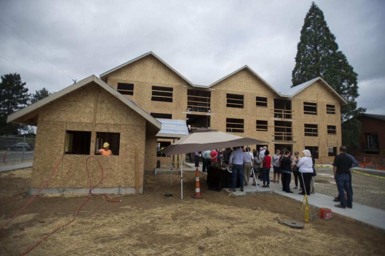 Construction is about half complete at The Pacific, an 18-unit apartment building for people exiting homelessness. It will be the first completed development by Housing Initiative.