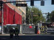 Firefighters respond to the construction site for the fourth tower in the Vancouvercenter complex after reports of a gas leak lead to evacuations of nearby apartments and businesses Thursday morning, Sept. 12, 2019.