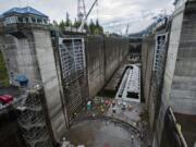 Contracted workers from Advanced American Construction work to replace the sill at Bonneville Navigation Lock on Wednesday morning. The U.S. Army Corps of Engineers hosted a tour at the lock to show off the emergency repair project.