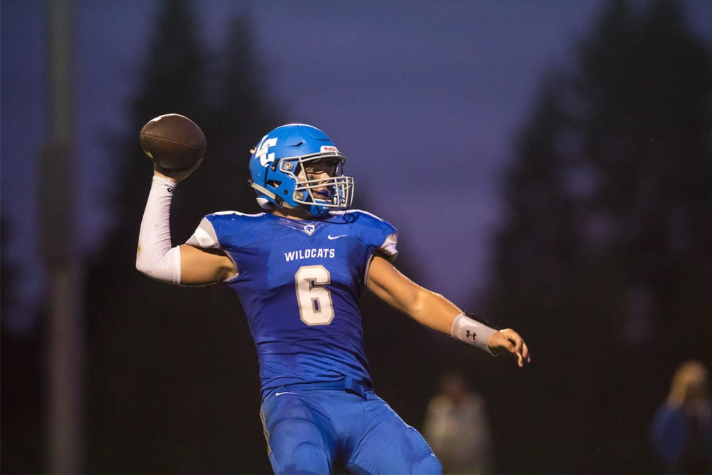 La Center's Quarterback Tom Lambert throws against Hoquiam during a game at La Center High School on Friday night, Sept. 20, 2019.