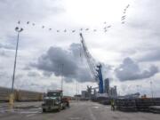 A flock of geese fly over Chris Stockwell as he secures a load of steel at the Port of Vancouver on Monday.