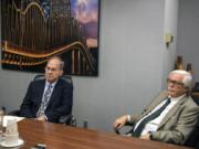 Jack Burkman, left, and Dan Barnes, the two candidates for an open seat on the Port of Vancouver Board of Commissioners, meet with The Columbian&#039;s Editorial Board Thursday.