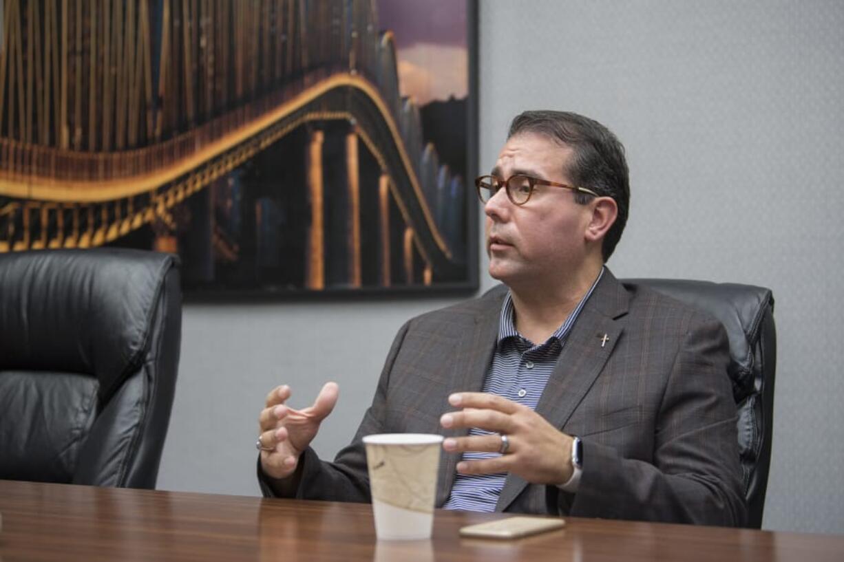 Battle Ground City Councilmember Adrian Cortes speaks with members of The Columbian's Editorial Board.