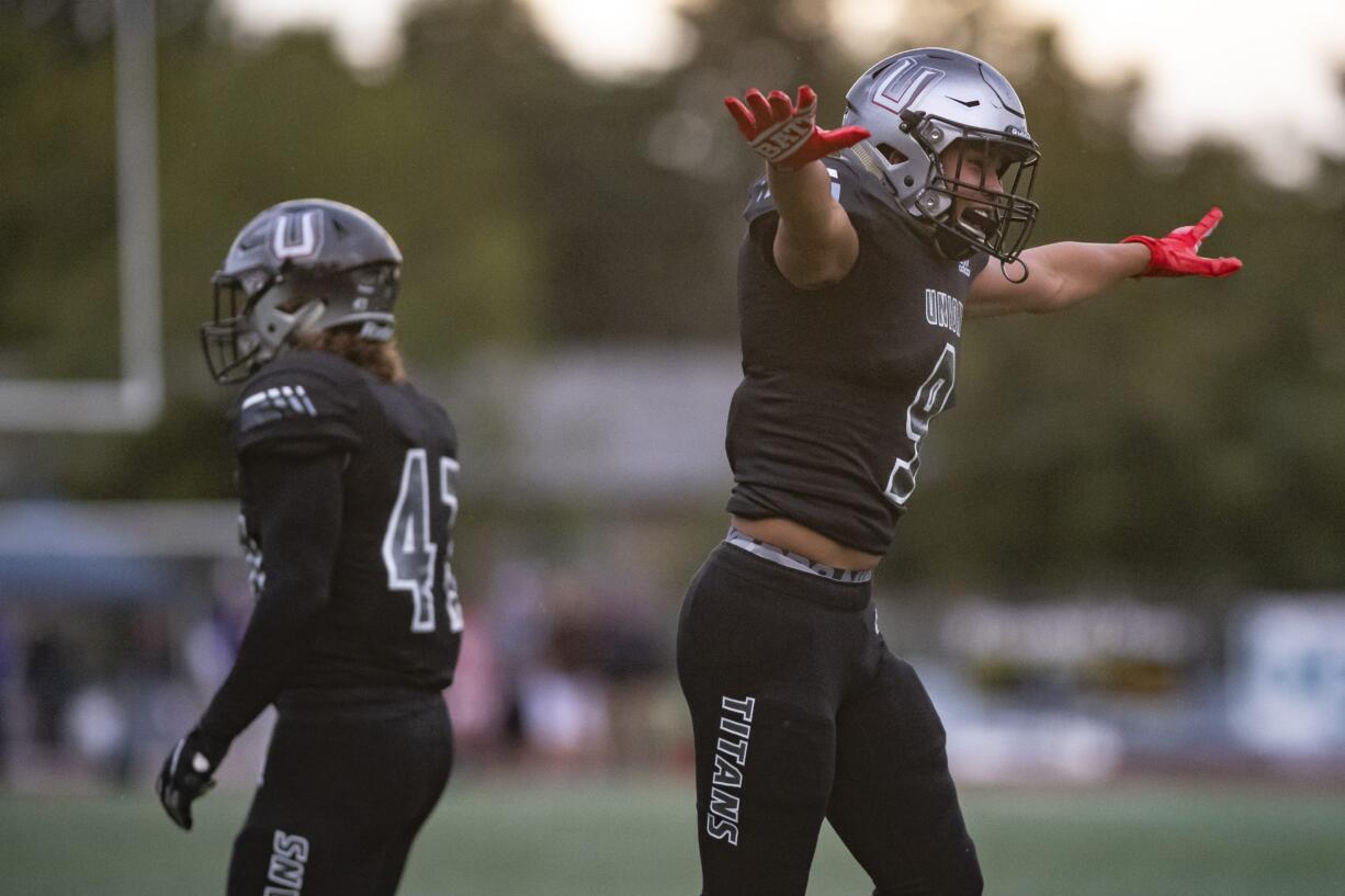 Union’s Justin Chin celebrates breaking up a Chiwana pass during a game at McKenzie Stadium on Friday night, Sept 27, 2019.