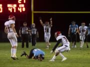 HockinsonÕs Makaio Juarez (24) reacts after narrowly missing a catch during the final seconds of Friday nightÕs game in Hockinson on Sept. 13, 2019. The HawkÕs lost 21-27.