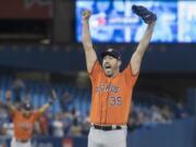 Houston Astros starter Justin Verlander reacts after pitching a no-hitter against the Toronto Blue Jays in a baseball game in Toronto, Sunday, Sept. 1, 2019.