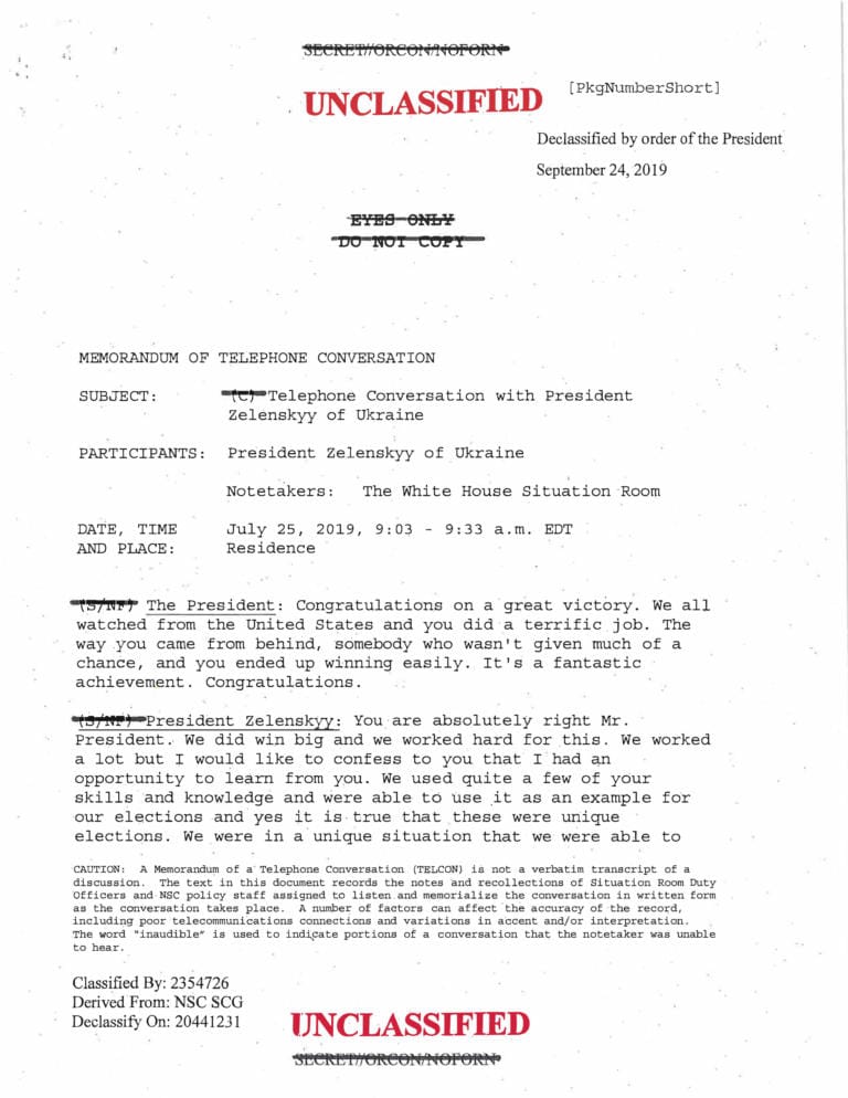 Page one of five from a White House-released rough transcript of President Donald Trump's July 25, 2019 telephone conversation with Ukraine's newly elected president, Volodymyr Zelenskiy, released Wednesday, Sept. 25, 2019 in Washington.