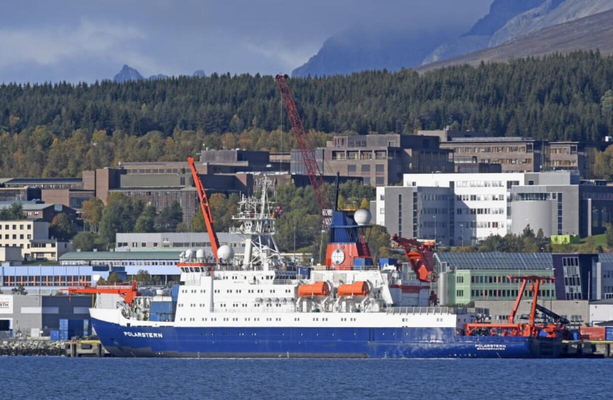 The German icebreaker and research vessel Polarstern at shore in Tromso, Norway, Wednesday Sept. 19, 2019. Scientists from more than a dozen nations are preparing to launch the biggest and most complex research expedition ever attempted in the central Arctic. About 100 researchers will set sail Friday from Tromso, Norway, aboard the German icebreaker Polarstern in an effort to understand how climate change is affecting the Arctic and regions beyond.