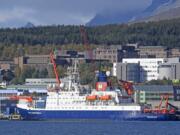 The German icebreaker and research vessel Polarstern at shore in Tromso, Norway, Wednesday Sept. 19, 2019. Scientists from more than a dozen nations are preparing to launch the biggest and most complex research expedition ever attempted in the central Arctic. About 100 researchers will set sail Friday from Tromso, Norway, aboard the German icebreaker Polarstern in an effort to understand how climate change is affecting the Arctic and regions beyond.