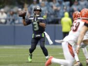 Seattle Seahawks quarterback Russell Wilson passes against the Cincinnati Bengals during the second half of an NFL football game Sunday, Sept. 8, 2019, in Seattle.