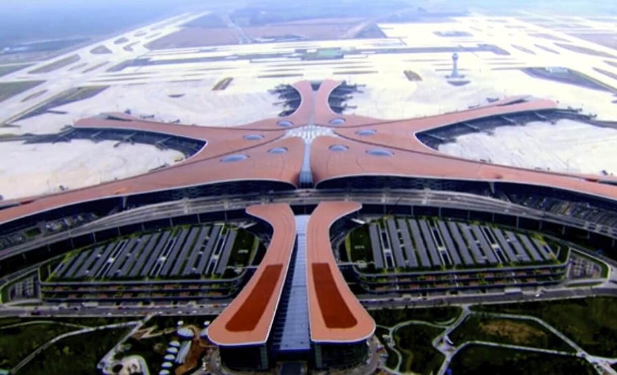 In this image made from CCTV video taken Sept. 17, 2019, an aerial view is seen of the new Beijing Daxing International Airport. The Chinese capital, Beijing, has opened a second international airport with a terminal billed as the world&#039;s biggest.