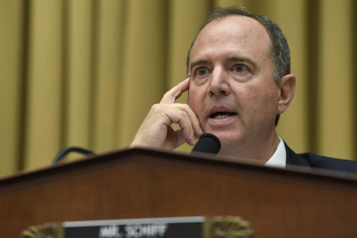 FILE - In this July 24, 2019, file photo, House Intelligence Committee Chairman Adam Schiff, D-Calif., speaks during a hearing on Capitol Hill in Washington. The chairman of the House intelligence committee has issued a subpoena to the acting Director of National Intelligence, saying that he is withholding a whistleblower complaint from Congress.