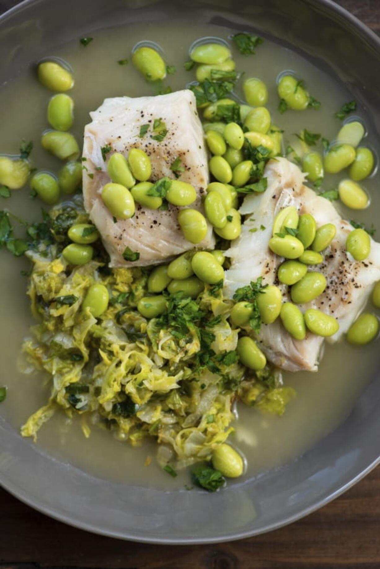 A dish of cod, cabbage and edamame taken in New York. Cabbage, that taken-for-granted vegetable, that sturdy, dense staple of many a poor, ancestral homeland, is finally getting respect.