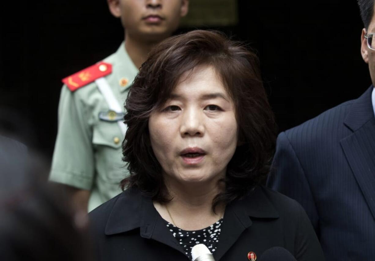 FILE - In this Thursday, June 23, 2016 file photo, Choe Son Hui, deputy director general of the Department of US Affairs of North Korea Foreign Ministry, briefs journalists outside the North Korean embassy in Beijing, China. North Korea says it’s willing to resume nuclear diplomacy with the United States in late September. But First Vice Foreign Minister Choe Son Hui said Monday, Sept. 9, 2019 that the United States must come to the negotiating table with proposals that satisfy North Korea, or dealings between the two countries will come to an end.