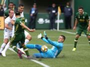 Minnesota United FC goalkeeper Vito Mannone (1) makes a save against Portland Timbers'  Diego Valeri (7) during an MLS soccer match at Providence Park, Sunday, Sept. 22, 2019, in Portland, Ore.