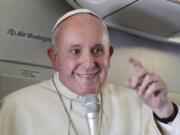 Pope Francis addresses journalists during his flight from Antamanarivo to Rome, Tuesday, Sept. 10, 2019, after his seven-day pastoral trip to Mozambique, Madagascar, and Mauritius.