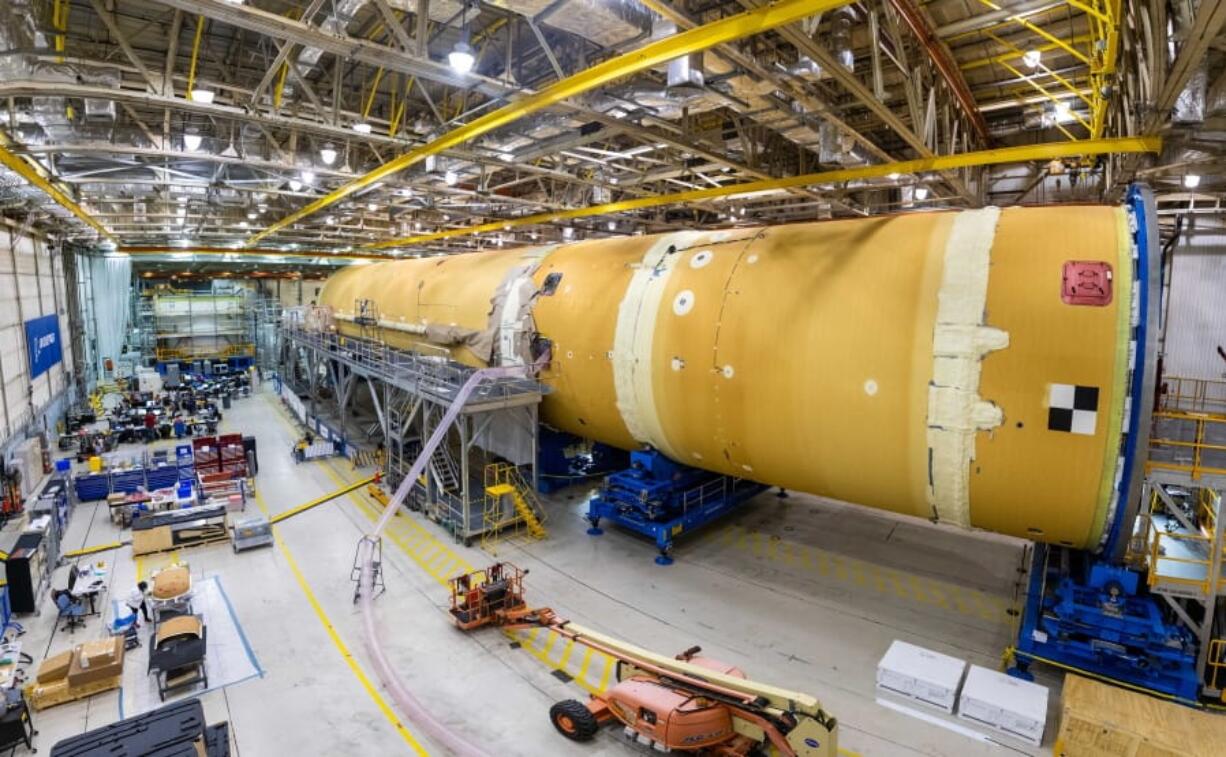 The core stage for NASA&#039;s Space Launch System rocket is shown in August at the agency&#039;s Michoud Assembly Facility in New Orleans.