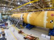 The core stage for NASA&#039;s Space Launch System rocket is shown in August at the agency&#039;s Michoud Assembly Facility in New Orleans.