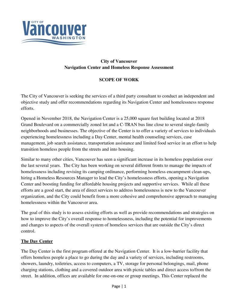 This scope of work document outlines what the city of Vancouver is looking for in its Navigation Center and homeless response assessment. PDF