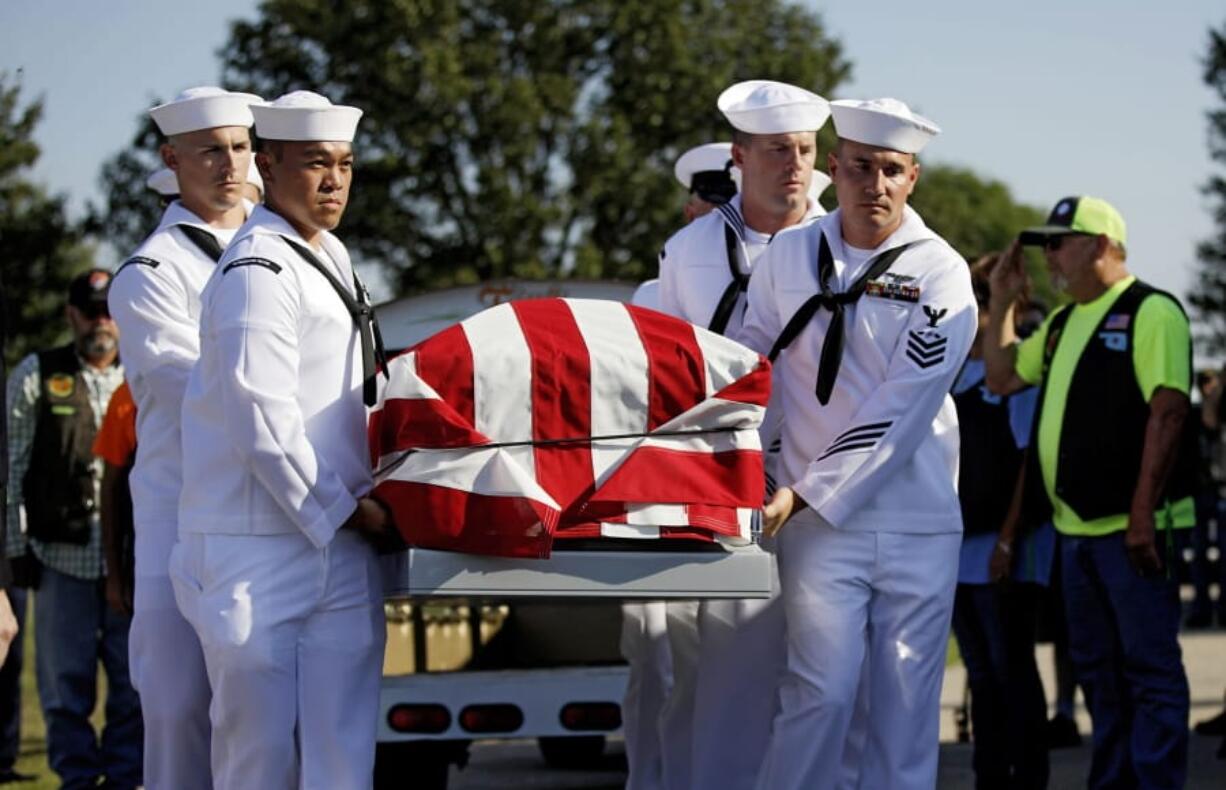 Sailors carry the casket of World War II veteran Herman White during his funeral Wednesday, Sept. 4, 2019. White had no surviving family, so the Brown-Dugger Funeral Home put out a notice asking for people to attend his funeral.