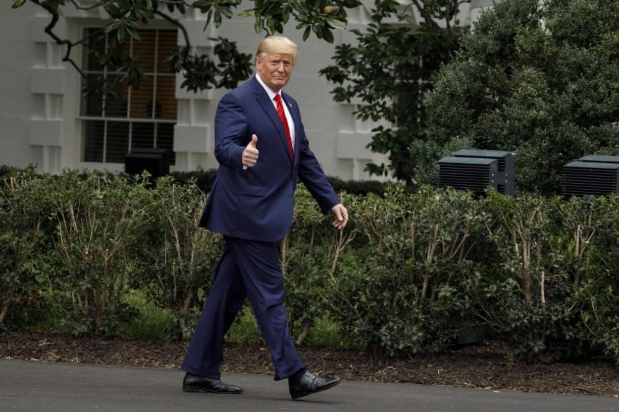 President Donald Trump gives the thumbs-up as he arrives for a ceremony on the South Lawn of the White House in Washington, Thursday, Sept. 26, 2019. The president was given a plaque of appreciation from America&#039;s Sheriffs and Angel Families.