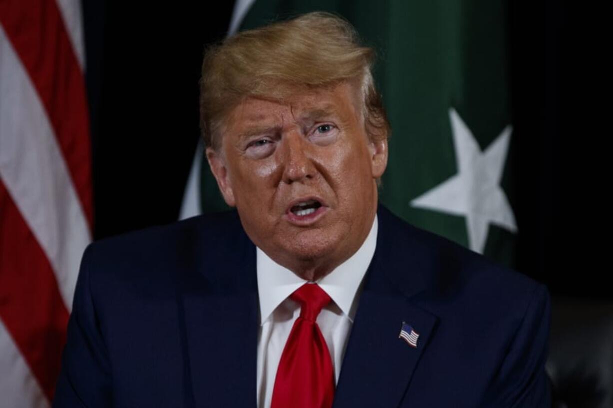 President Donald Trump speaks during a meeting with Pakistani President Ashraf Ghani at the InterContinental Barclay hotel during the United Nations General Assembly, Monday, Sept. 23, 2019, in New York.