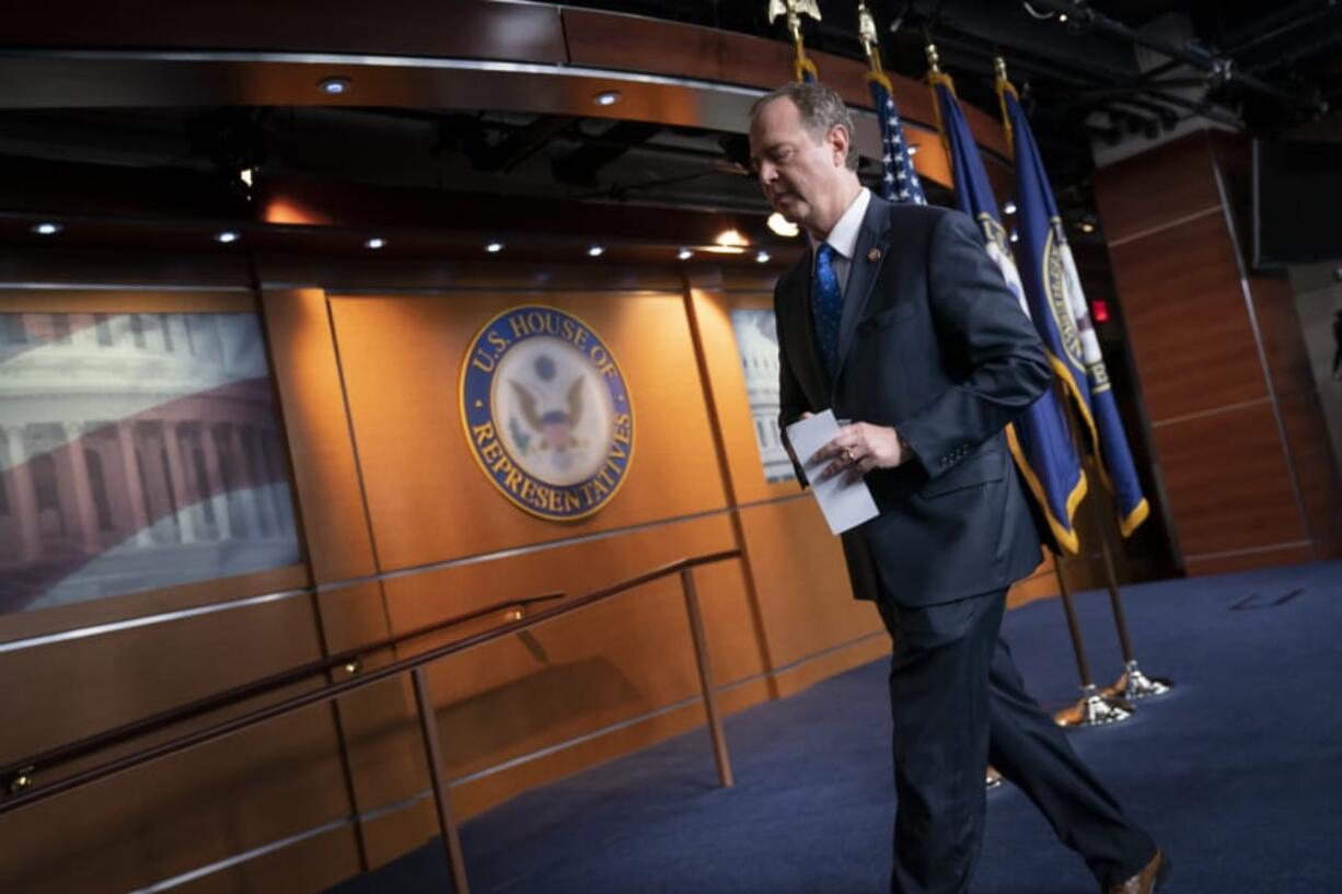 House Intelligence Committee Chairman Adam Schiff, D-Calif., departs after talking to reporters about the release by the White House of a transcript of a call between President Donald Trump and Ukrainian President Voldymyr Zelenskiy, in which Trump is said to have pushed for Ukraine to investigate former Vice President Joe Biden and his family, at the Capitol in Washington, Wednesday, Sept. 25, 2019. House Speaker Nancy Pelosi, D-Calif., and the Democrats are now launching a formal impeachment inquiry against President Donald Trump. Rep. Schiff characterized Trump&#039;s words saying, &quot;this is how a mafia boss talks.&quot; (AP Photo/J.