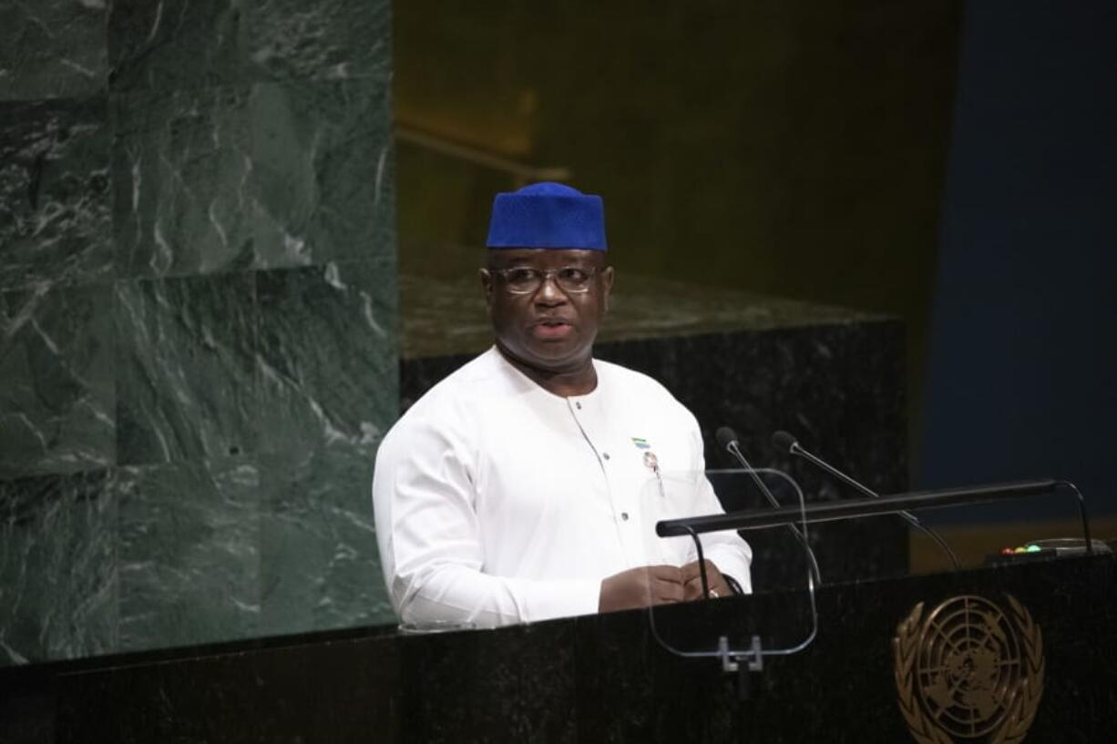 Sierra Leone&#039;s President Julius Maada Bio speaks during the United Nations General Assembly at United Nations headquarters Thursday, Sept. 26, 2019.