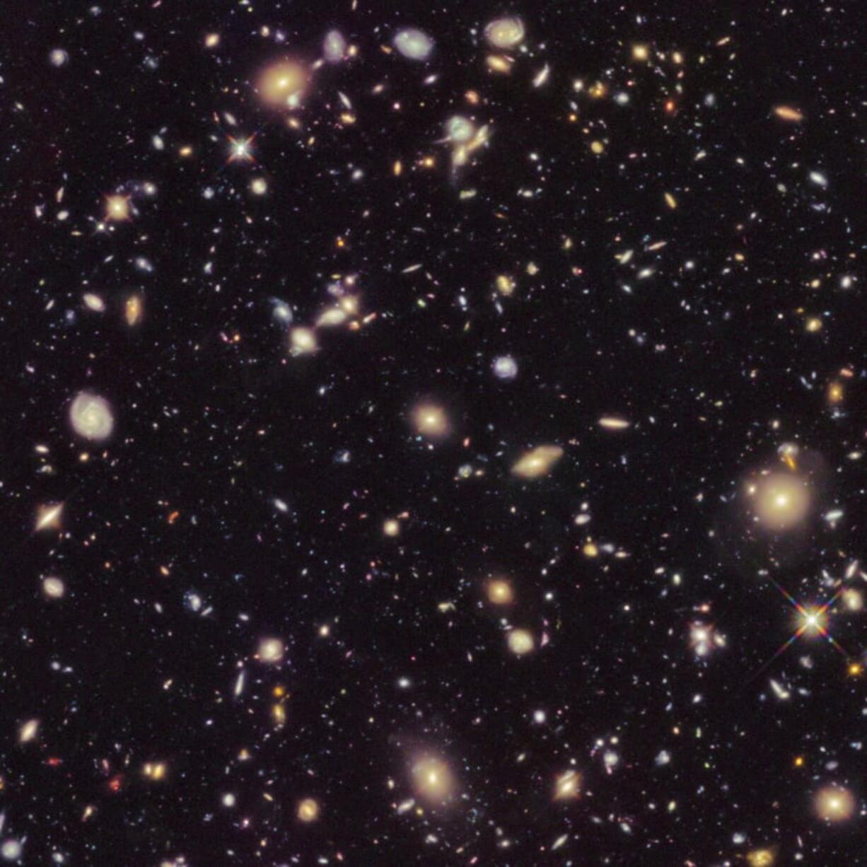 This image made available by the European Space agency shows galaxies in the Hubble Ultra Deep Field 2012, an improved version of the Hubble Ultra Deep Field image. A study from the Max Planck Institute in Germany published Thursday, Sept. 12, 2019, in the journal Science uses a new technique to come up with a rate that the universe is expanding that is nearly 18% higher than the number scientists had been using since the year 2000. (NASA, ESA, R.