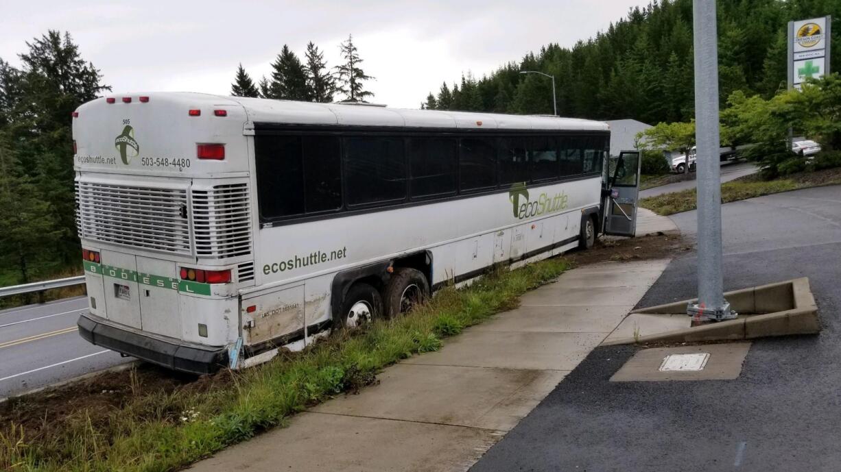 No one was injured when a tour bus driven by Kenneth Alexander, 44, of Vancouver crashed into a sidewalk in Manzanita, Ore. The bus was carrying 46 Army National Guard members. Alexander is suspected of having been under the influence.